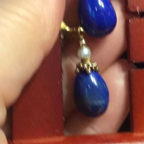 Goldtone and Lapis Leverback Earrings - Picture 3 of 5